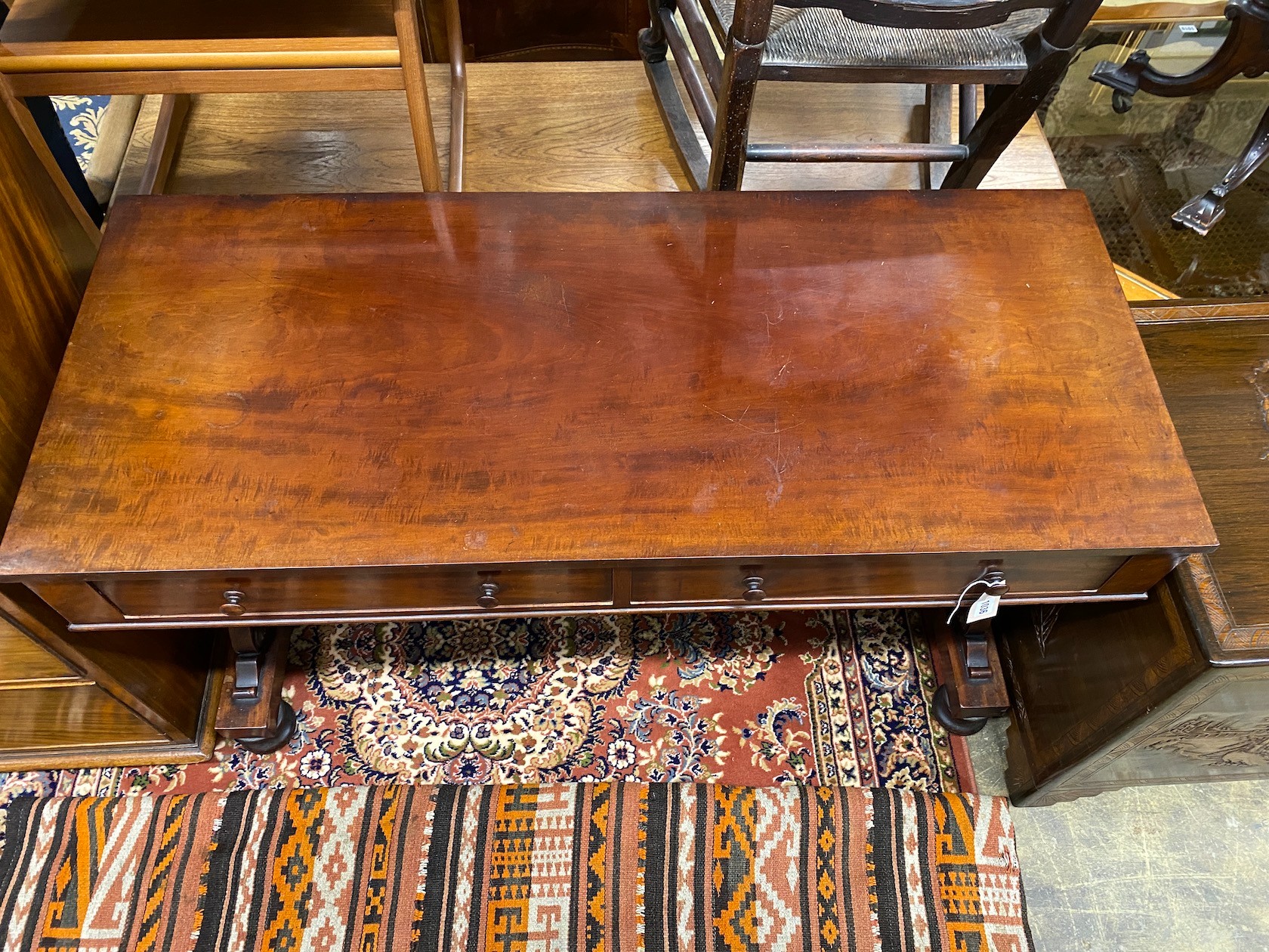 A Victorian mahogany side table, width 122cm, depth 52cm, height 74cm